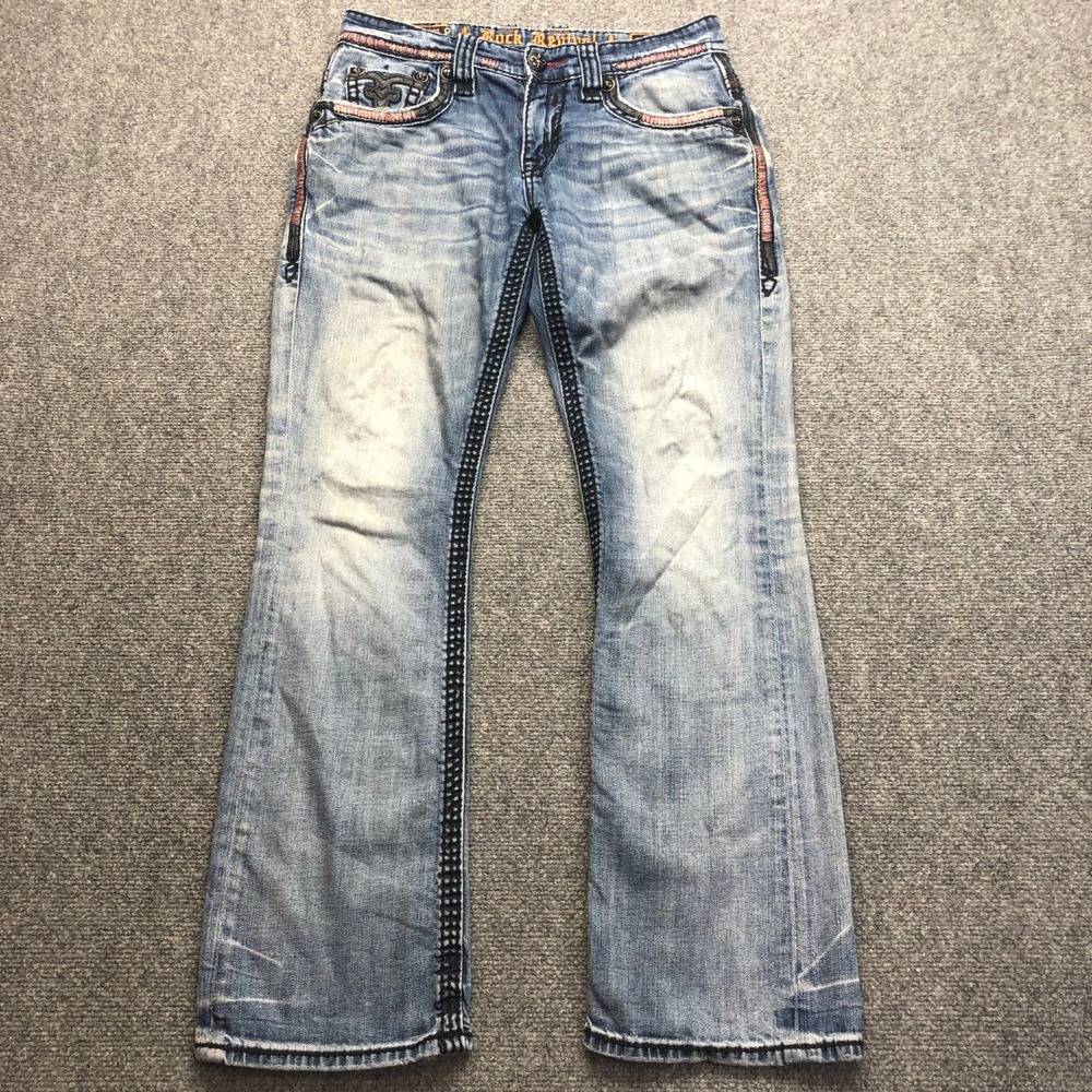 Rock Revival Eutu Bootcut Jeans Mens 30 Light Wash Distressed Thick Stitch Denim
